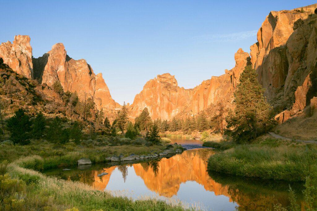 Smith Rock reflected in the Crooked River at sunrise
